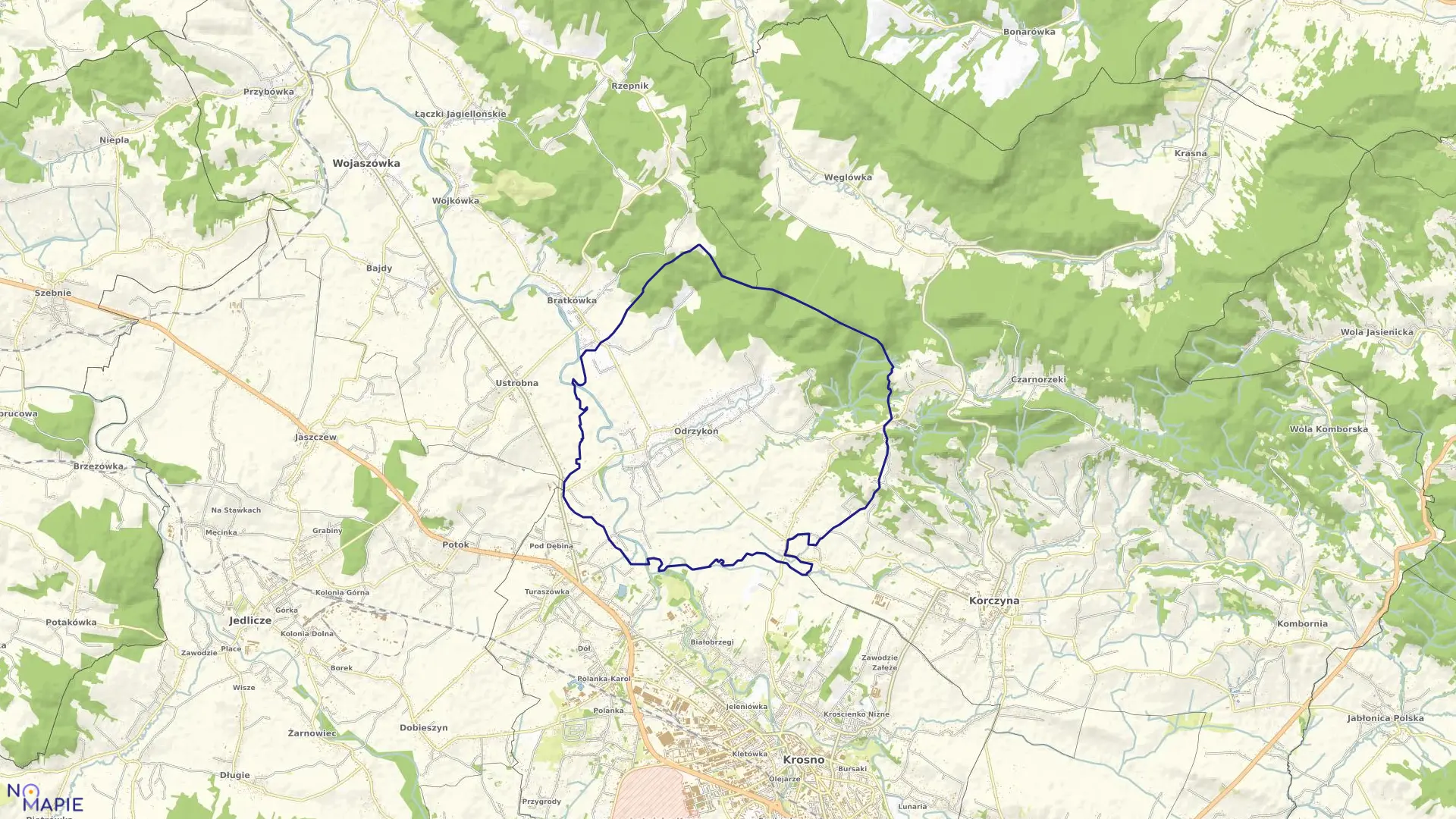 Mapa obrębu Odrzykoń w gminie Wojaszówka